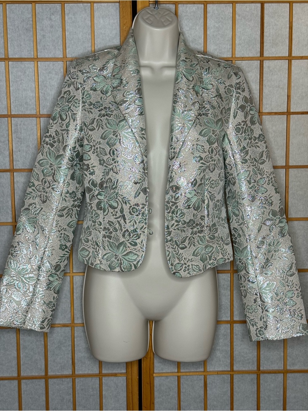 Vintage Old Navy Silver and Mint Floral Brocade Cropped Blazer